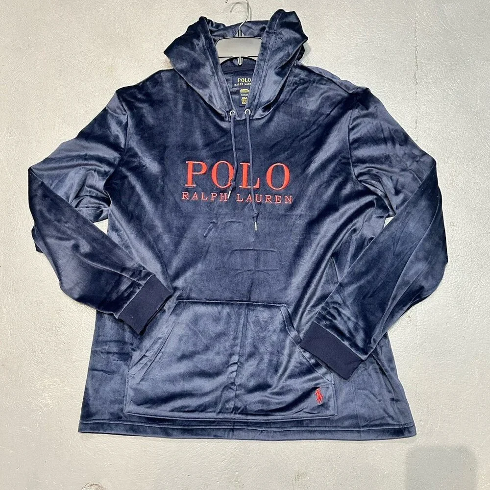 Polo Ralph Lauren Velour Hoodie Pullover Mens Large Navy Blue Sleepwear New